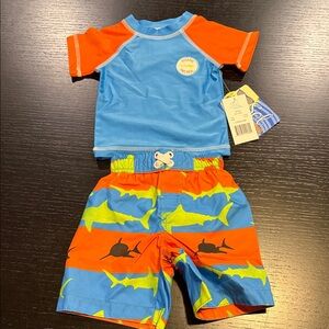Blue & Orange Kids Shark Rash Guard Set 6-12